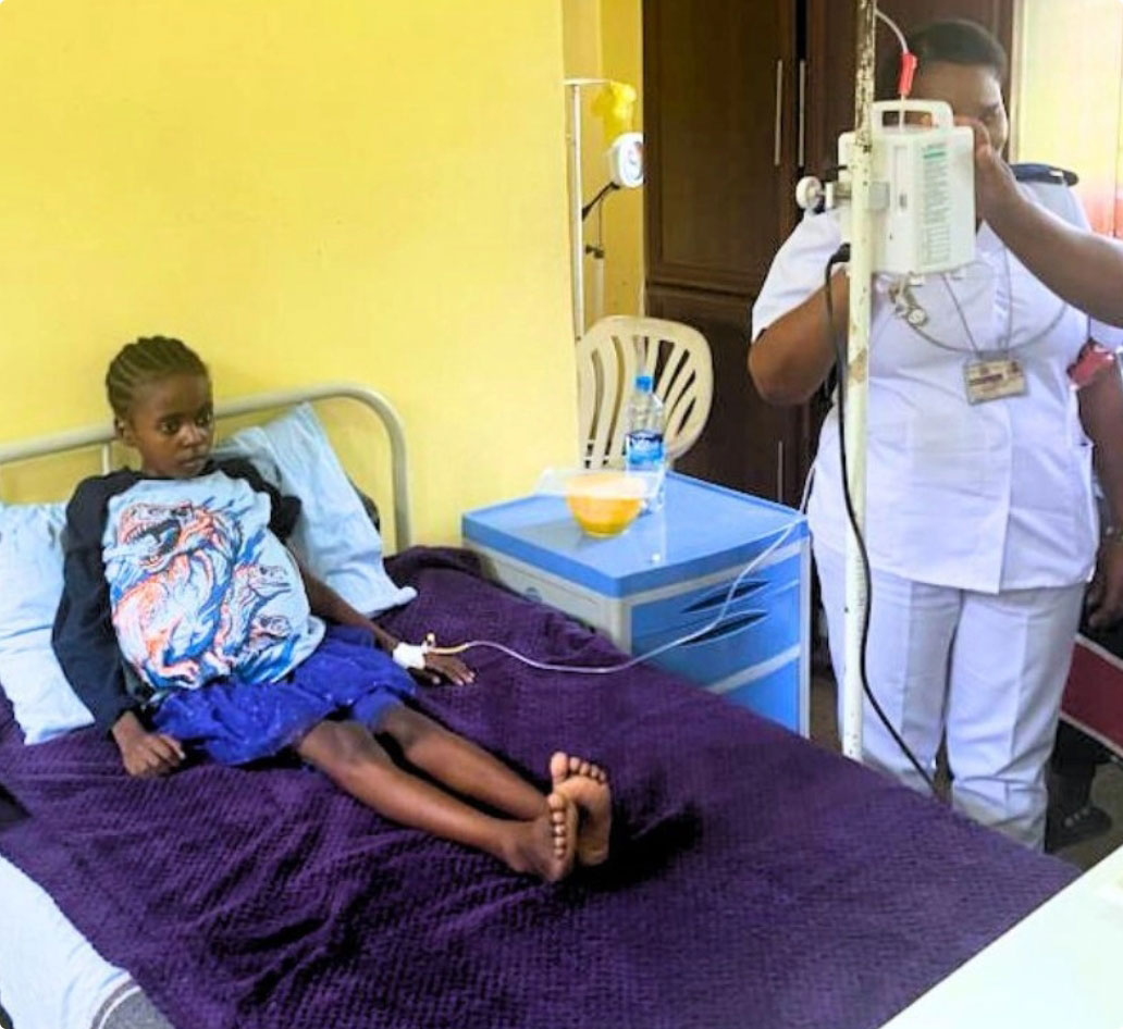 Destiny Kamonga, a 12-year-old girl from Zambia, receiving her first VPRIV infusion, provided by Takeda